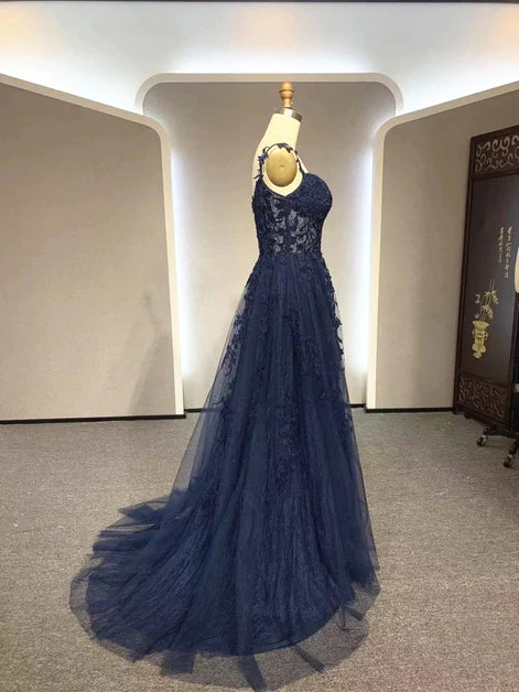 Navy Blue A-line Tulle with Lace Prom Dress